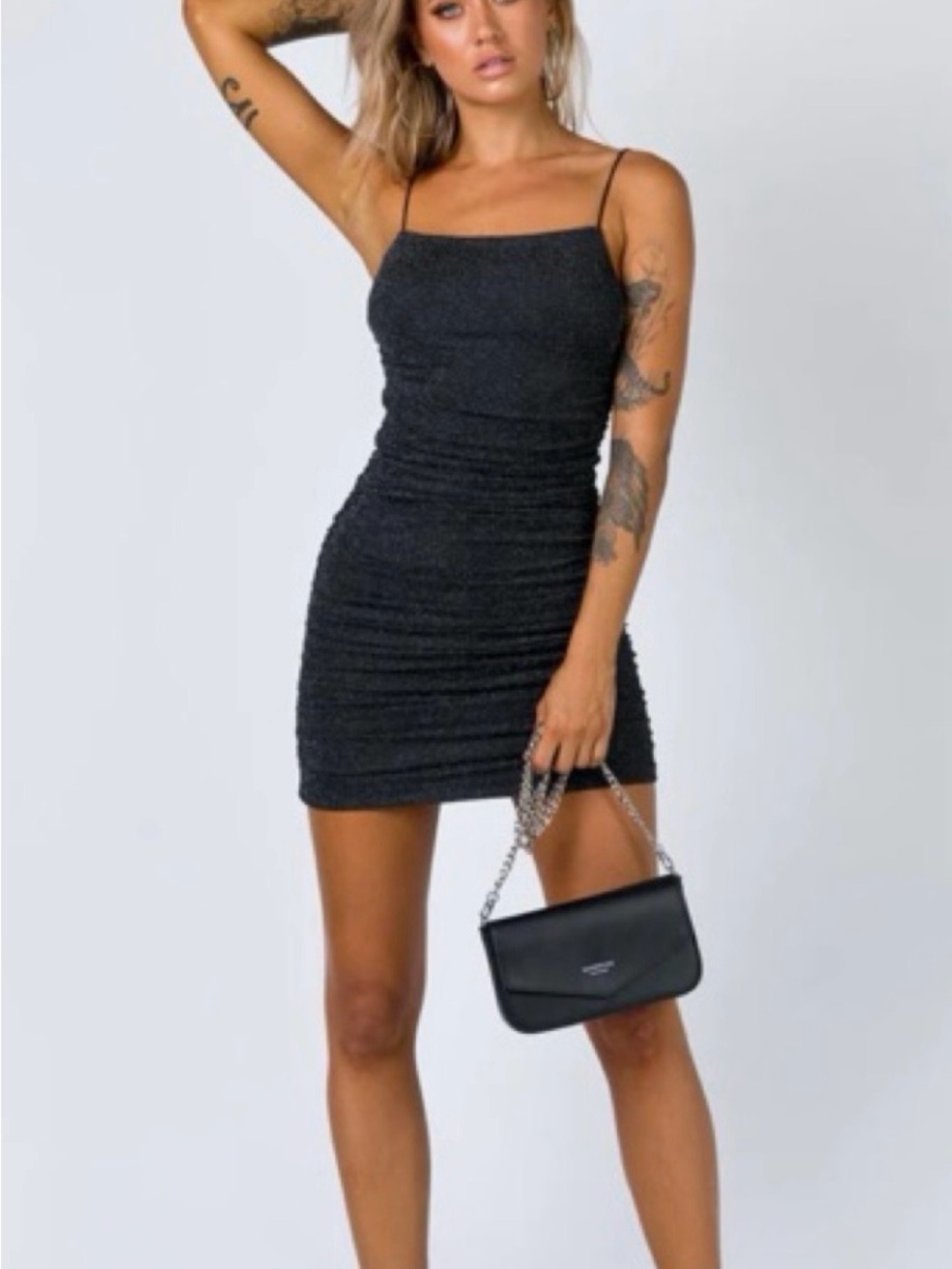 Princess Polly Black Sparkle Ruched Spaghetti Strap Mini Dress